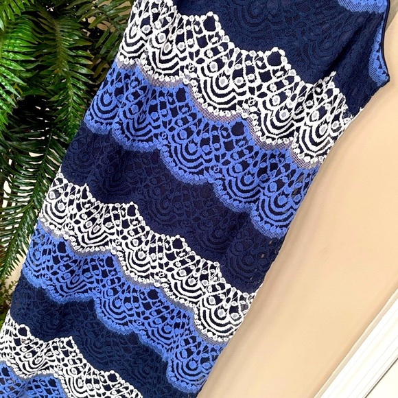 R&M Richards Multi-Shade Blue Scalloped Lace Formal Dress Satin Straps - Picture 7 of 13